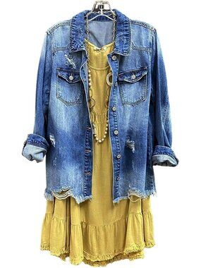 Women's Blue Denim Ripped Distressed Button Down Mid Long Casual Jean Jacket